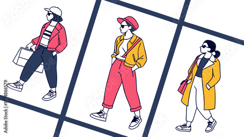Three stylish women in trendy outfits and hats showcasing modern fashion with bold colors and clean line art illustration
