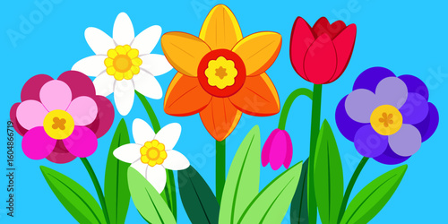 Vibrant spring flowers including daffodils and tulips bloom in a colorful meadow, a beautiful illustration of nature's blossoming garden