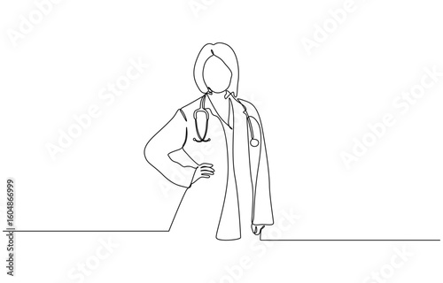 One continuous line drawing female doctor with stethoscope, One line art of health care concept. Editable outline
