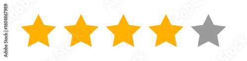 Row of four orange stars and one gray star representing a four out of five rating, commonly used in user reviews, customer satisfaction, service feedback, and evaluations