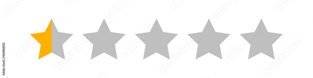 Row of five stars with one half orange and four and a half gray, representing a 0.5 out of 5 star rating commonly used to indicate very poor quality, low feedback, or extreme dissatisfaction Row of five stars with one half orange and four and a half gray, representing a 0.5 out of 5 star rating commonly used to indicate very poor quality, low feedback, or extreme dissatisfaction