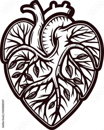 Intricate hand drawn anatomical heart with botanical leaf veins in black and white vintage engraving