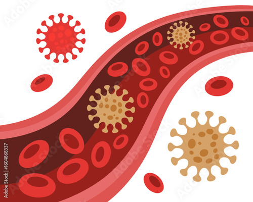 Bloodstream with Red Blood Cells and Viruses Illustrating Infection and Immune System Response in the Body Health and Medical Concept