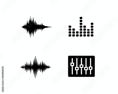 Audio Waveforms and Equalizer Icons Set on White Background Represents Sound Engineering and Music Production
