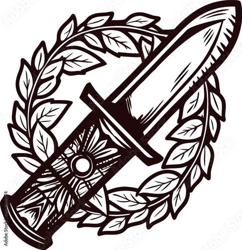 Engraved hunting knife illustration with floral wreath vintage hand drawn drawing of ornate dagger and laurel leaves