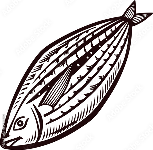 Hand drawn tuna fish illustration with vintage engraving and detailed line art isolated on white background