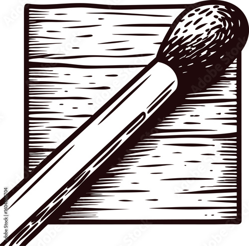 Engraved illustration of a single matchstick resting on textured wooden surface