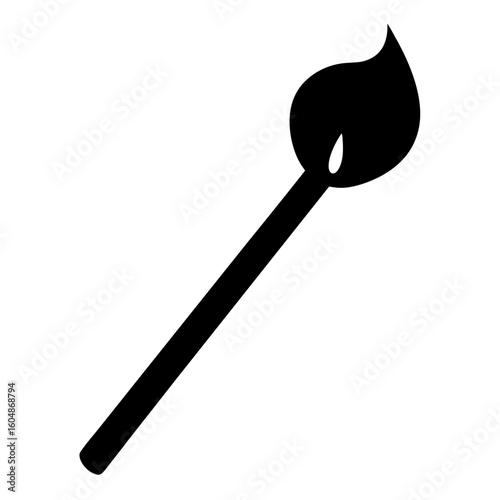 Silhouette of a single burning matchstick with a bright flame against white