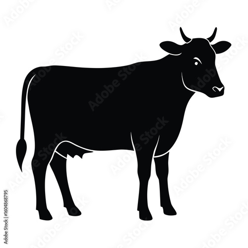 A simple and clean black silhouette of a cow facing left isolated on a white background for easy use isolated on white background