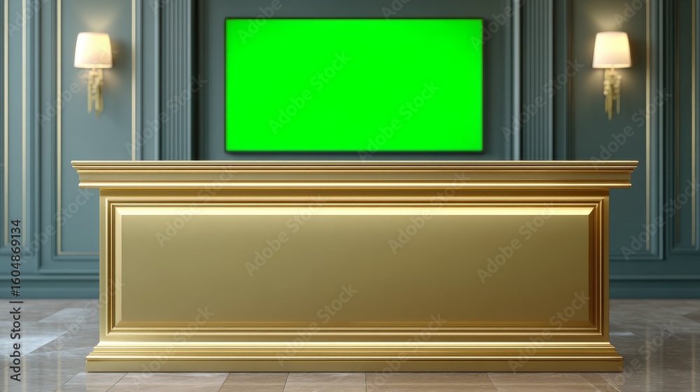 Concierge Desk in Luxurious European Hotel with Elegant Green Screen Display Concierge Desk in Luxurious European Hotel with Elegant Green Screen Display