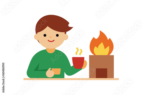 Boy Sharing Hot Cocoa by Fireplace with Warm Glow Vector Illustration