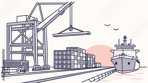 Illustration of a cargo ship at a port with a crane and shipping containers under a bright sky and birds