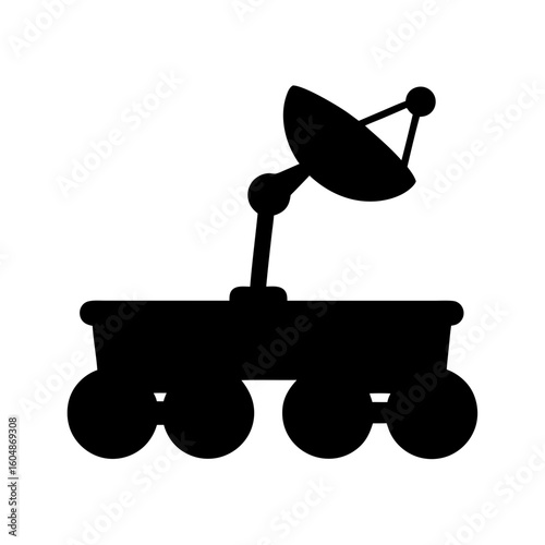 Simple black silhouette illustration of a planetary rover vehicle with satellite dish