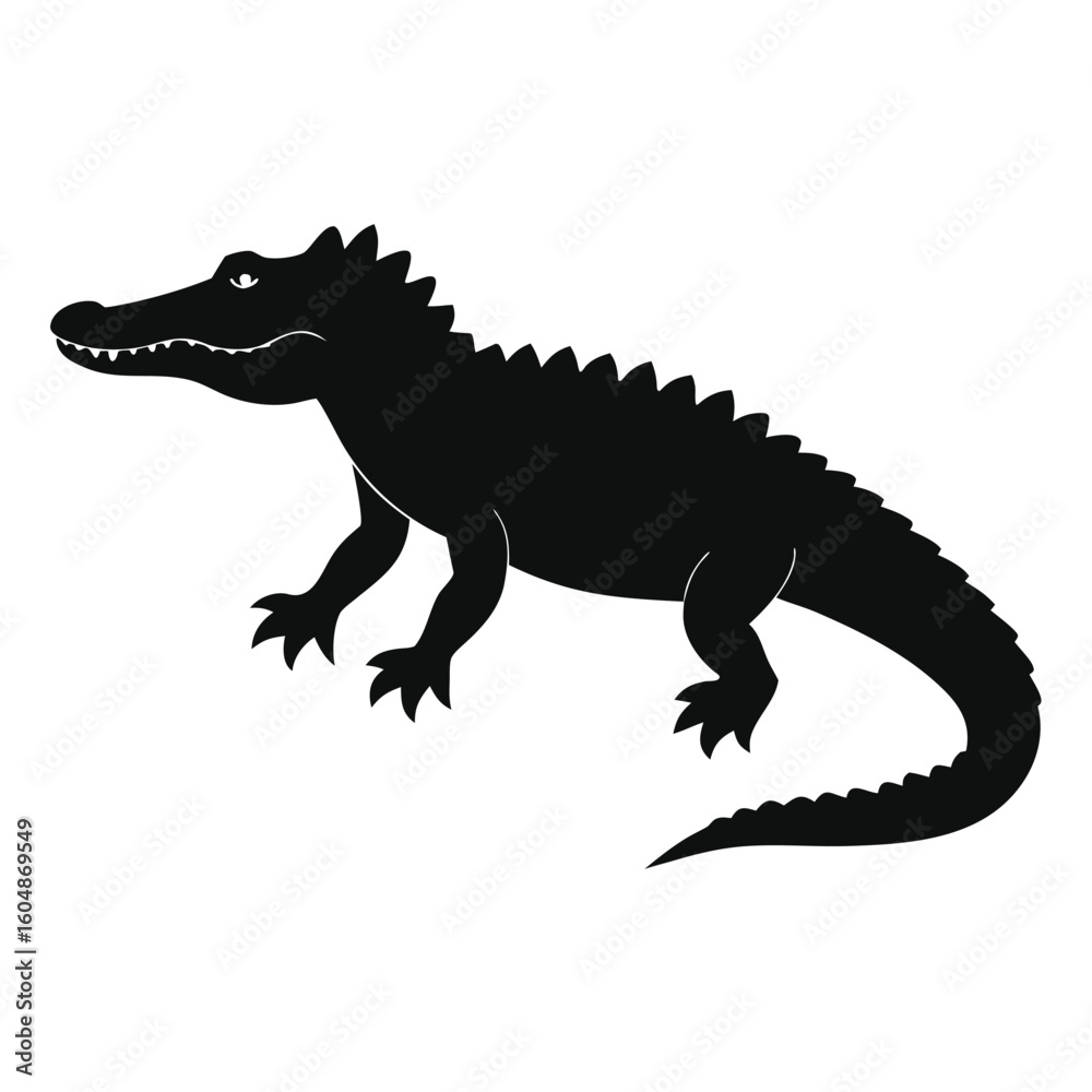 Obraz premium A striking black silhouette of a crocodile captured in a dynamic pose presented isolated on white background
