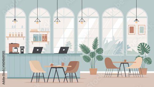 Bright, modern cafe interior with plants and seating, perfect for remote work or casual meetings
