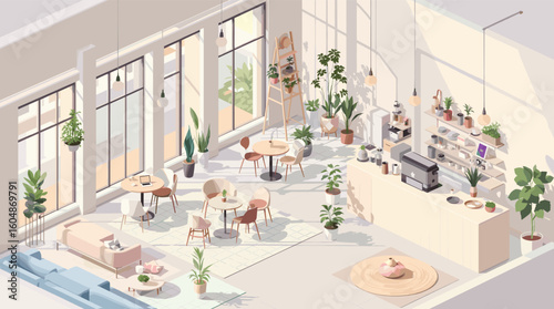 Bright, modern cafe interior with plants, seating, and service counter bathed in natural light