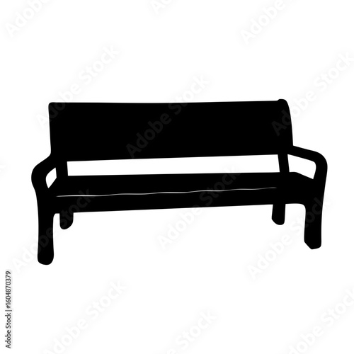 Silhouette of a simple park bench against a plain white backdrop