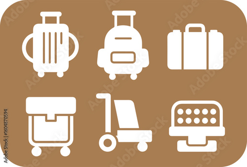 Collection of six distinct white luggage and baggage icons displayed on a warm brown background representing travel and transportation
