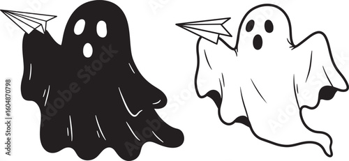 Two ghosts holding paper airplanes silhouette