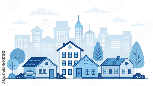 Charming neighborhood scene showcasing houses and city skyline with trees and a car, perfect for real estate or urban themes