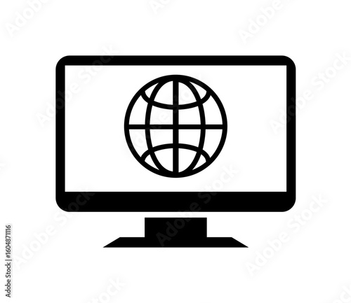 A black and white computer monitor displaying a globe icon.