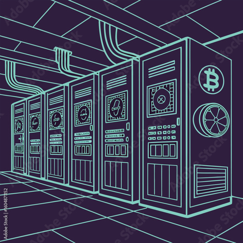 Line art illustration of a server room with multiple servers and bitcoin symbols in a dark setting