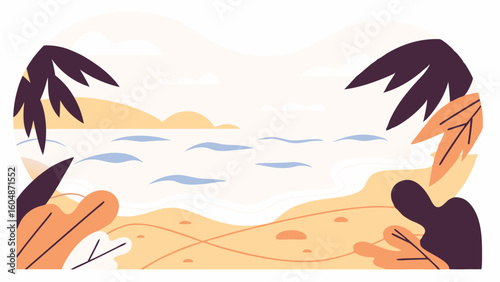 Tropikalna plaża. Minimalistyczny krajobraz z palmami, idealny jako letnie tło lub baner.