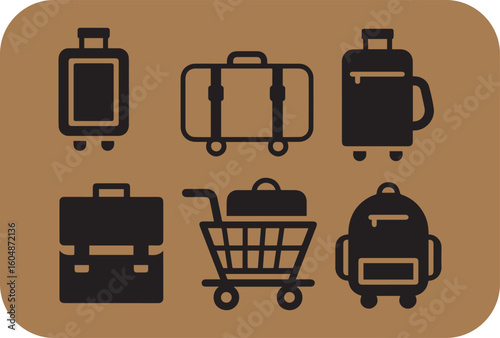 Collection of six distinct luggage and travel bag icons presented in a clean modern and minimalist silhouette style on a muted background