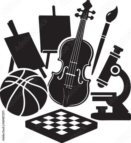 Musical artistic scientific sporting and strategic objects violin paintbrush