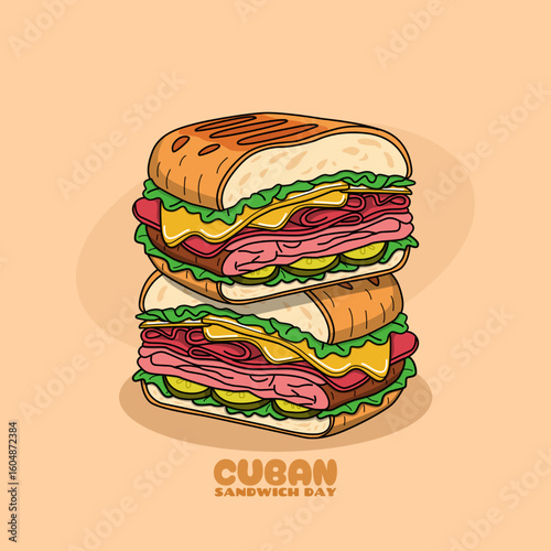 National Cuban Sandwich Day is celebrated on August 23rd. A delicious sandwich filled with slices of cheese, sliced ham, succulent meat, vegetables, and cucumber on beige background. Food event banner