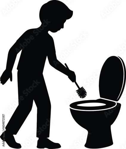 Person cleaning toilet silhouette for hygiene and chores.