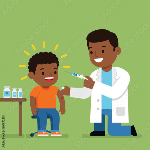 A young boy receiving a vaccination from a doctor in a clinic setting, with medicine bottles on a nearby table.