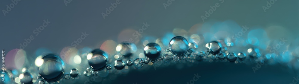 Close-up view of numerous water droplets reflecting light. Close-up view of numerous water droplets reflecting light.