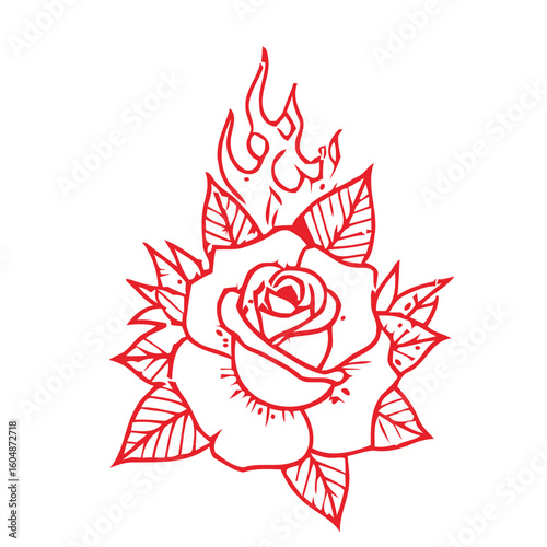 Fiery red rose tattoo design with flames and leaves, bold and passionate artistic expression
