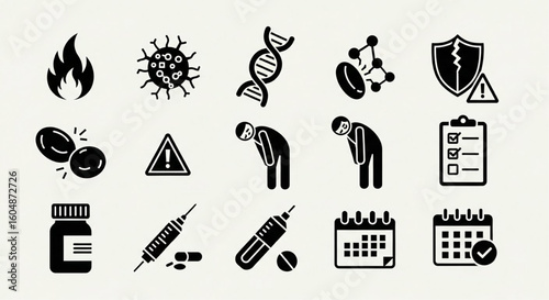 Autoimmune Disorders Diagnostics and Treatments Line Icon Set – Inflammation, Genetics, Immune Errors, Fatigue, Therapy, Symptom Tracking Vector Illustration

