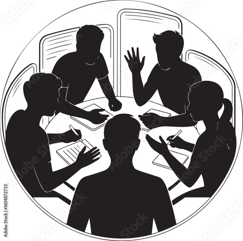People collaborating around a circular table collaboration meeting