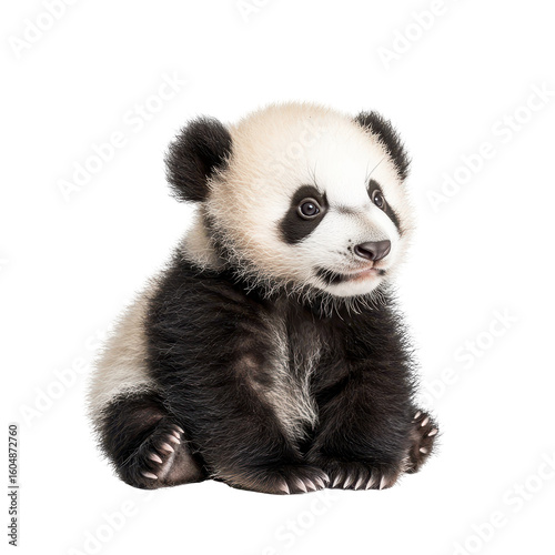Cute baby panda sitting calmly on a white background, showcasing its playful and gentle nature