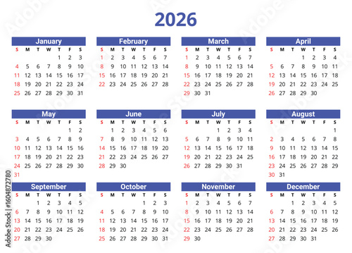 2026 year english vector calendar 12 months (week start sunday)