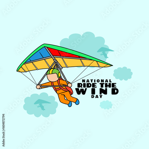 National Ride The Wind Day to celebrate on August 23rd. Illustration of an athlete flying a hang gliding kite on a blue sky background. Sport event banner.