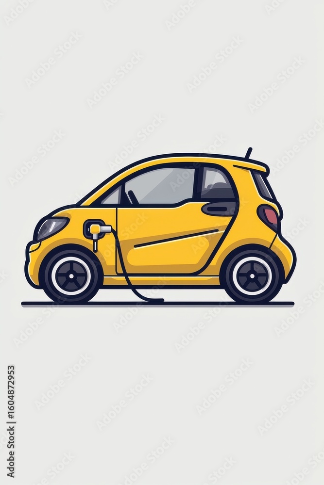 Fototapeta premium Yellow electric car with charging plug on minimal background
