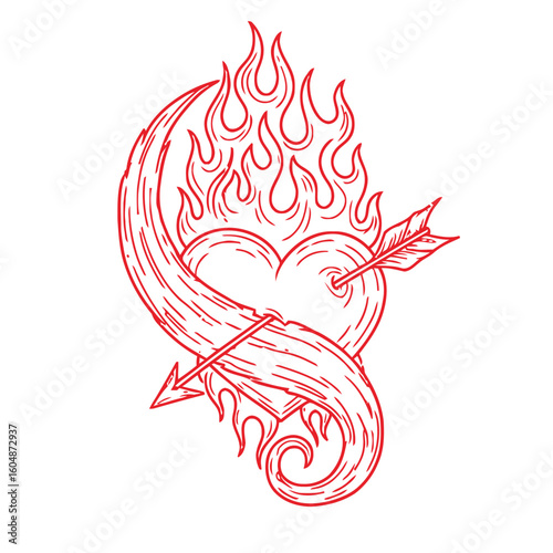 Fiery heart pierced by arrow symbolizes passionate love and intense emotion with dynamic flame elements.