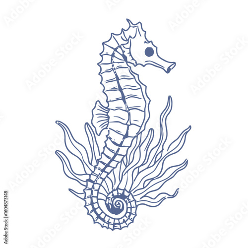 Elegant blue seahorse illustration gracefully swimming among seaweed, perfect for ocean themes.