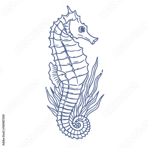 Elegant seahorse gracefully swims through wavy ocean flora, a charming sea creature illustration
