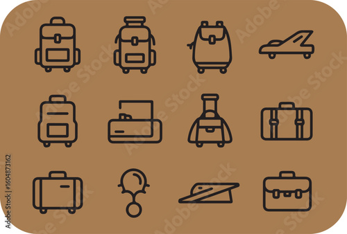 Collection of stylized line art icons representing various luggage and travel accessories for a journey or vacation