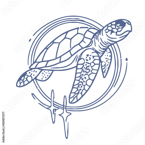Elegant sea turtle gracefully swims through cosmic circles with subtle starry accents