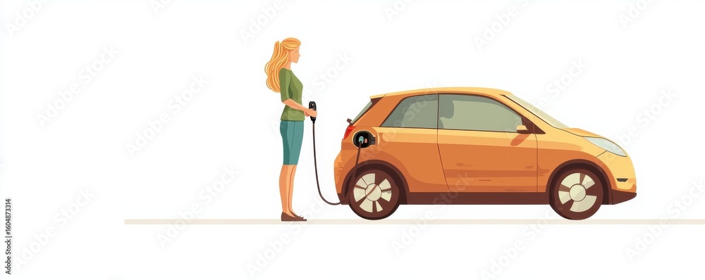 Naklejka premium Illustration of a woman charging an electric car for sustainable transportation