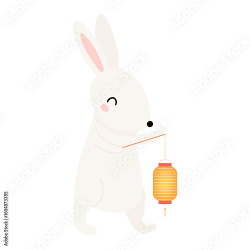 Kawaii rabbit, bunny, hare holding Chinese lantern isolated on transparent. Flat vector illustration. Cute cartoon character. Mid Autumn Festival, Tsukimi, Chuseok design element, holiday clip art