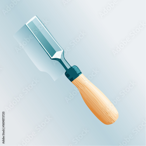 Wood Chisel with Light Blue Metal Blade and Wooden Handle