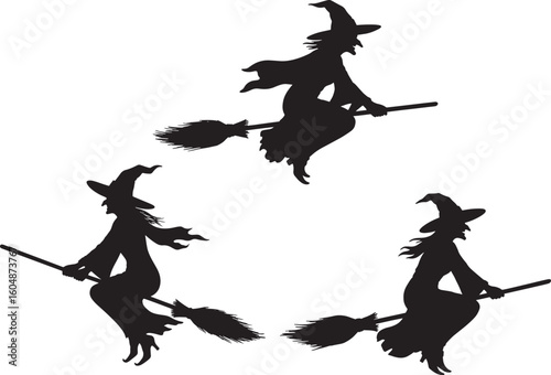 Three witches flying on broomsticks silhouette