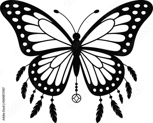 Ornate butterfly with feathers and geometric charm